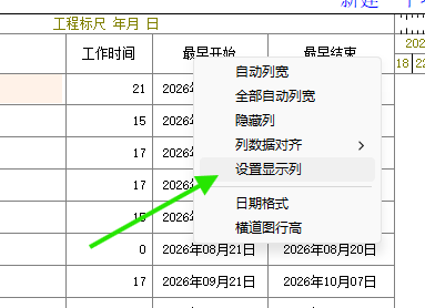 在横道图列标题右键菜单中选择设置显示列