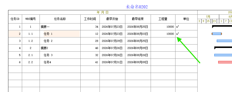横道图工作列表显示工程量和单位